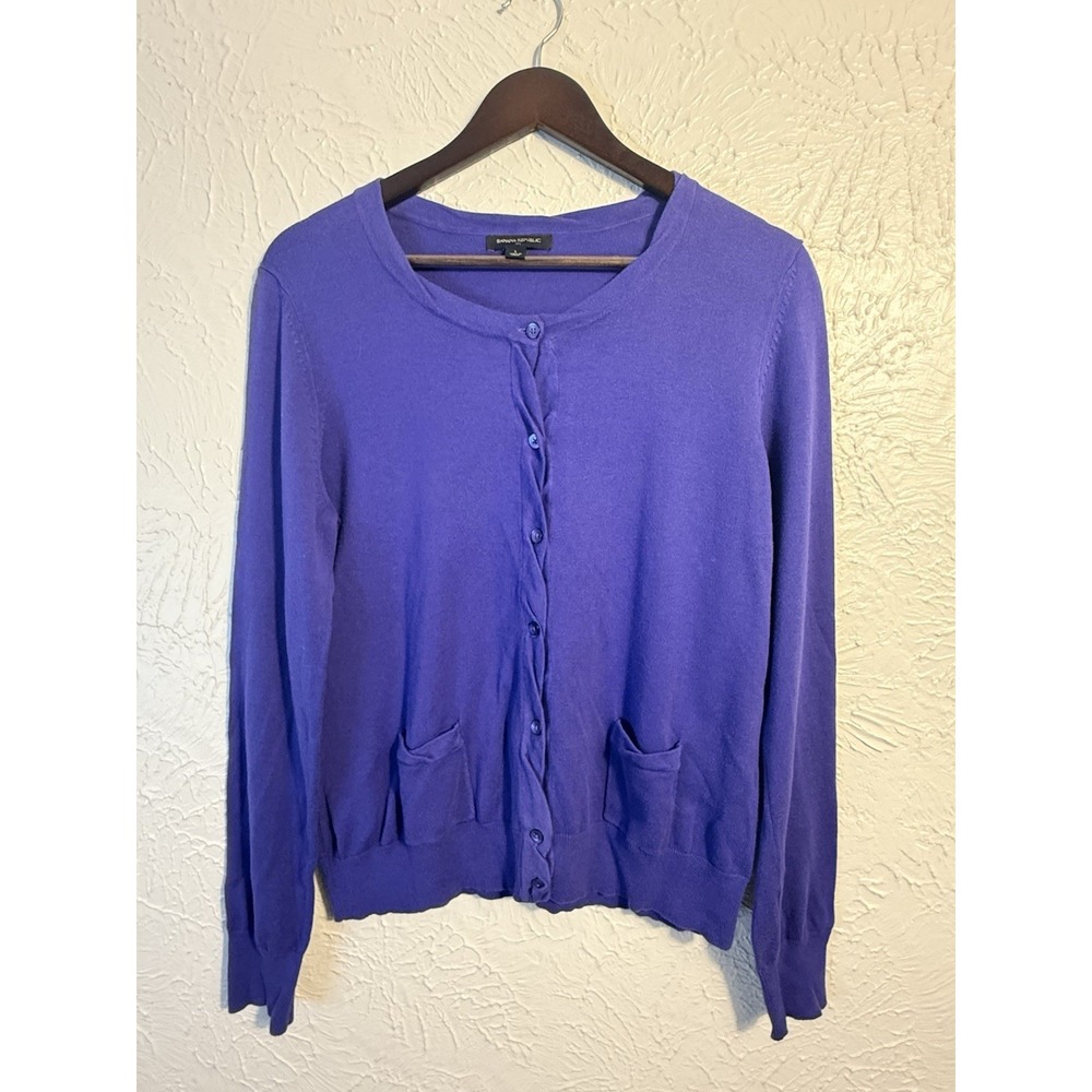 Banana Republic Women's L Purple Blue Button Front Cardigan Knit Pocket Sweater - Picture 4 of 8